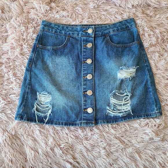 S Forever 21 Ripped Button Up Denim Skirt - Picture 3 of 12